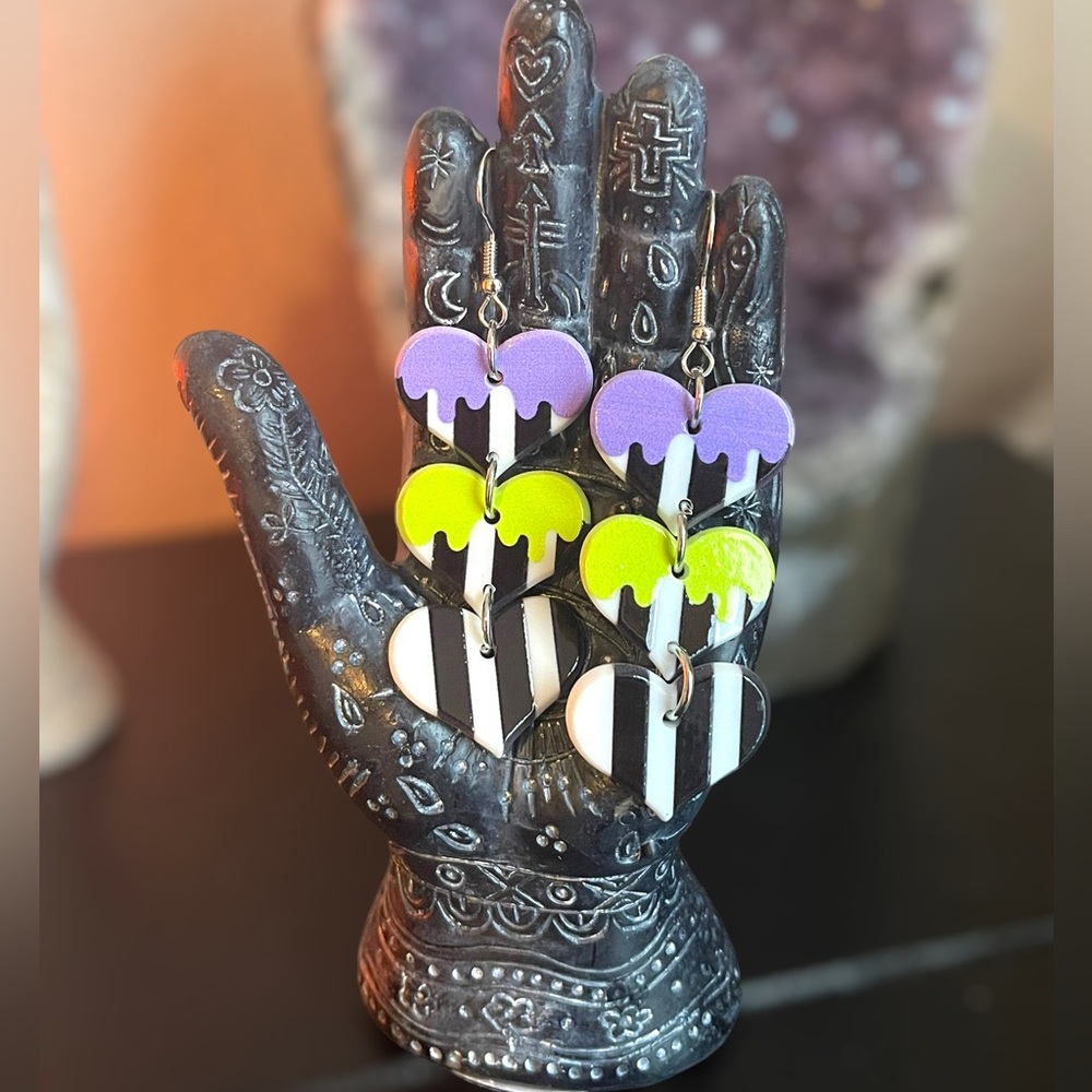 Spooky Beetlejuice 3 Tier Heart Dangle Earrings